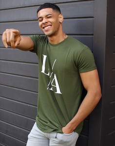 Длинная футболка цвета хаки с принтом "LA" Topman-Зеленый