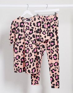 Персиковая пижама из футболки и леггинсов с леопардовым принтом ASOS DESIGN-Розовый
