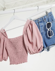 Розовый кроп-топ с пышными рукавами и сборками Topshop