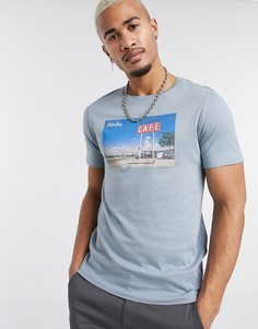 Голубая футболка с принтом Jack & Jones Originals-Синий