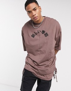 Длинная oversized-футболка со сборками и надписью ASOS DESIGN-Коричневый