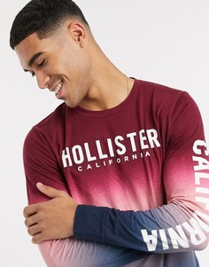 Бордовый лонгслив с эффектом омбре и логотипом Hollister-Красный