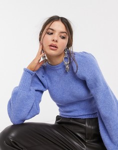 Синий свитер в рубчик с объемными рукавами Bershka