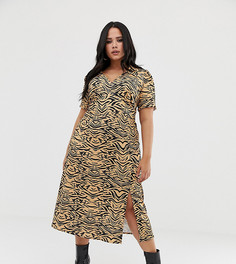 Чайное платье миди в рубчик со звериным принтом ASOS DESIGN Curve-Мульти