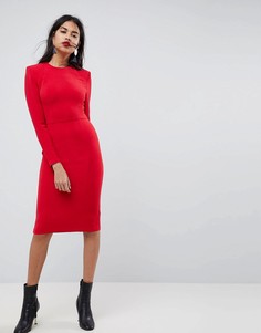Платье миди с подплечниками и декоративными швами ASOS-Красный