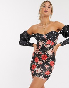 Платье мини с открытыми плечами и пышными рукавами ASOS DESIGN-Мульти