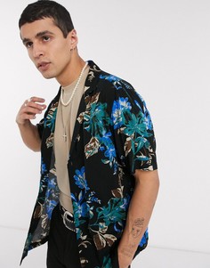 Черная рубашка классического кроя с цветочным принтом ASOS DESIGN-Черный