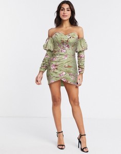 Плиссированное платье мини с открытыми плечами и цветочным принтом ASOS DESIGN-Мульти