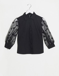 Черная блузка с пышными рукавами из органзы в горошек Influence-Черный