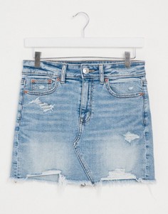 Состаренная джинсовая юбка с завышенной талией American Eagle-Синий