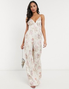 Атласный комбинезон с цветочным принтом ASOS DESIGN-Мульти