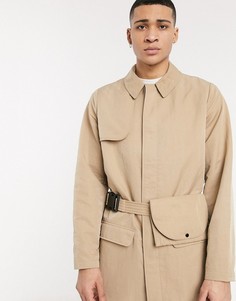 Светло-бежевый однобортный макинтош с поясной сумкой ASOS DESIGN