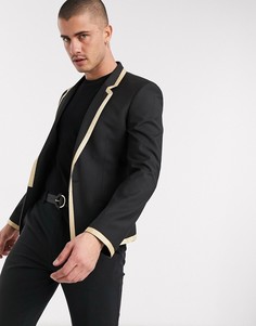 Черный пиджак скинни с золотистым кантом и пуговицей ASOS DESIGN