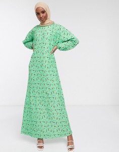 Зеленое плиссированное платье макси с длинными рукавами ASOS DESIGN-Зеленый