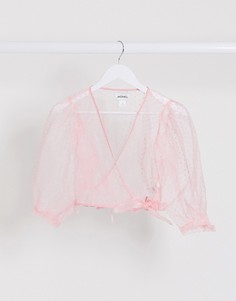 Розовая блузка из органзы в горошек с запахом и объемными рукавами Monki-Розовый