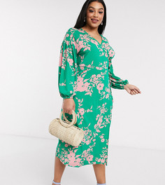Чайное платье миди с цветочным принтом и запахом ASOS DESIGN Curve-Зеленый