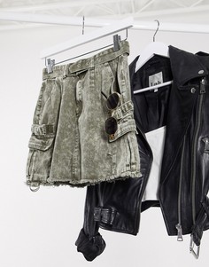 Джинсовая юбка карго цвета хаки с эффектом кислотной стирки Missguided-Зеленый