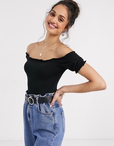 Черный топ со спущенными плечами и сборками Miss Selfridge