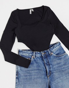 Черный боди с овальным вырезом и длинными рукавами ASOS DESIGN