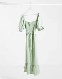Шалфейно-зеленое платье макси с пышными рукавами Lola May-Зеленый