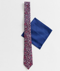 Бордовый галстук с мелким цветочным узором и синий платок для нагрудного кармана ASOS DESIGN-Мульти