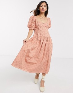 Розовое платье миди с вышивкой ришелье и пуговицами ASOS DESIGN-Розовый