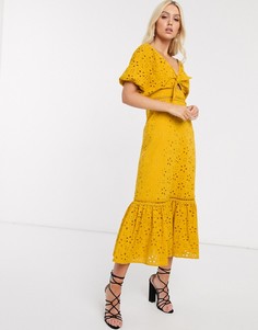 Платье макси горчичного цвета с узлом и вышивкой ришелье ASOS DESIGN-Желтый