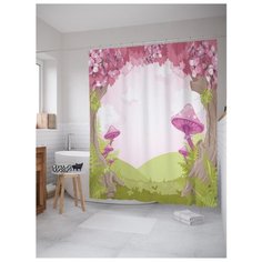 Штора для ванной JoyArty Арочная композиция с грибами 180x200 белый/розовый/зеленый