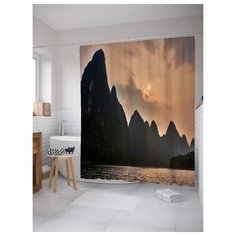 Штора для ванной JoyArty За горами другой мир" из ткани 180х200 черный/коричневый