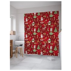 Штора для ванной JoyArty Дедушка Мороз с друзьями 180x200 красный