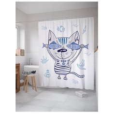 Штора для ванной JoyArty Кот с рыбными очками 180х200 белый/синий