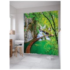 Штора для ванной JoyArty Фигурный мост у водопада 180x200 зеленый
