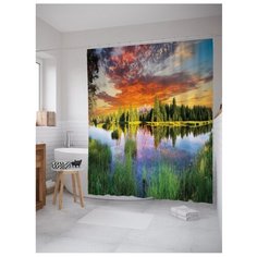 Штора для ванной JoyArty Хрустально чистая вода за лесом 180x200 синий/зеленый/оранжевый