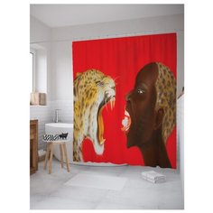 Штора для ванной JoyArty Африканка против леопарда 180x200 желтый/красный/коричневый