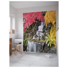 Штора для ванной JoyArty Листья вокруг водопада 180х200 разноцветный