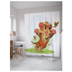 Штора для ванной JoyArty Тигренок ловит бабочек 180x200 белый/оранжевый/зеленый