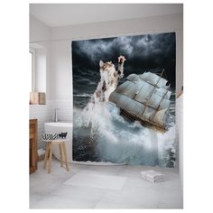 Штора для ванной JoyArty Кот разрушает корабль 80х200 см серый/белый/черный