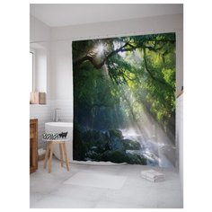 Штора для ванной JoyArty Солнце пробивается через лес 180x200 зеленый