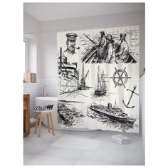 Штора для ванной JoyArty Зарисовки корабельного художника 180х200 бежевый/черный