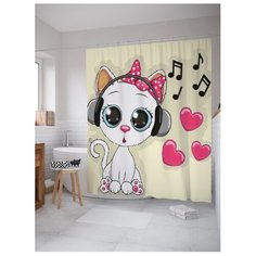 Штора для ванной JoyArty Кошке нравится музыка 180x200 бежевый/белый/розовый