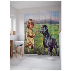 Штора для ванной JoyArty Девочка гуляет с псом 180x200 зеленый/синий/черный