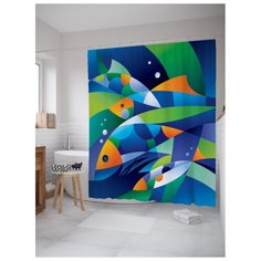 Штора для ванной JoyArty Красочная иллюзия с рыбами 180х200 синий/зеленый/оранжевый