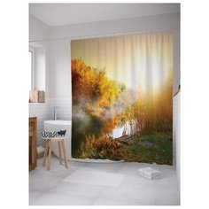 Штора для ванной JoyArty Освещенный речной туман 180x200 желтый/зеленый