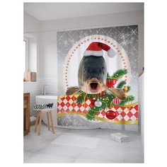 Штора для ванной JoyArty Рождественский карп с венком 180х200 серый/красный/зеленый