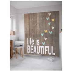 Штора для ванной JoyArty Надпись"Жизнь прекрасна" 180х200 коричневый