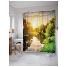 Штора для ванной JoyArty Свежее утро у реки 180х200 бежевый/зеленый