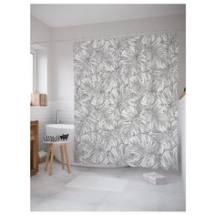 Штора для ванной JoyArty Нарисованные тропические листья 180х200 белый/серый