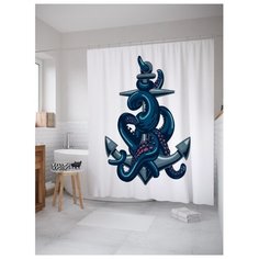 Штора для ванной JoyArty Осьминог обнимает якорь 180х200 белый/синий