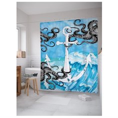 Штора для ванной JoyArty Осьминоги против якоря 180х200 голубой/белый/черный