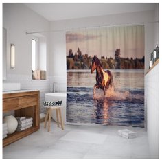 Штора для ванной JoyArty Конь пересекает реку 180x200 синий/коричневый